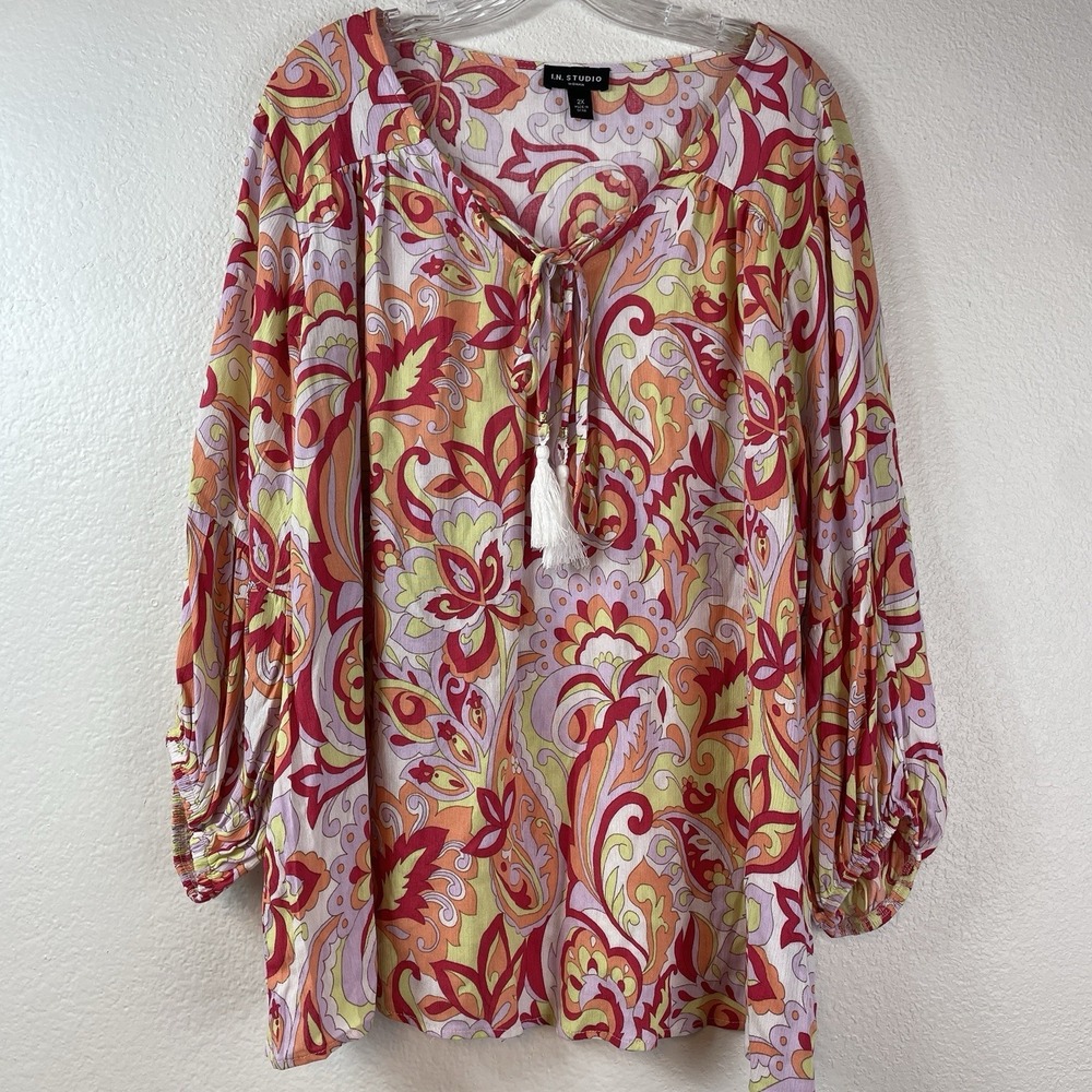 I.N.โ Studio Woman Paisley Boho Blouse Tassel Tie Peasant Top Size 2X Colorful